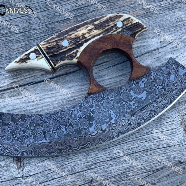 Damascus Steel Custom Inupiat Walnut Ulu Knife